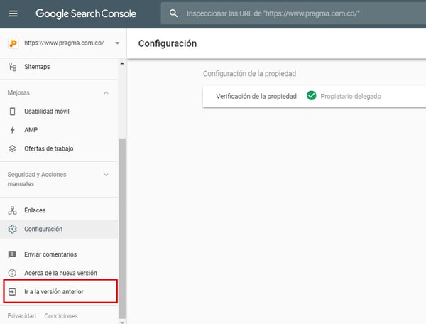 ir a version anteior search console